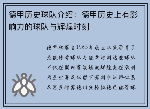 德甲历史球队介绍：德甲历史上有影响力的球队与辉煌时刻